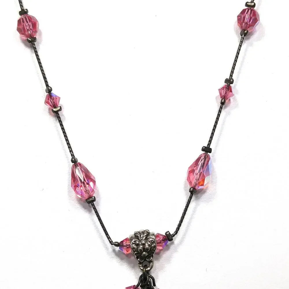 Dabby Reid Pink Swarovski Crystal Necklace, AB Beads, Dark Chain Vintage Jewelry